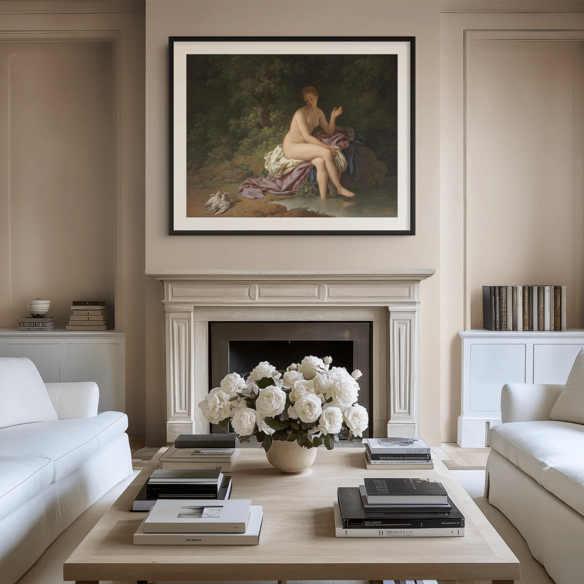 Una dama bañándose en un río con dos tórtolas - Louis Jean François Lagrenée - Lienzo premium 430g (calidad de galeria)