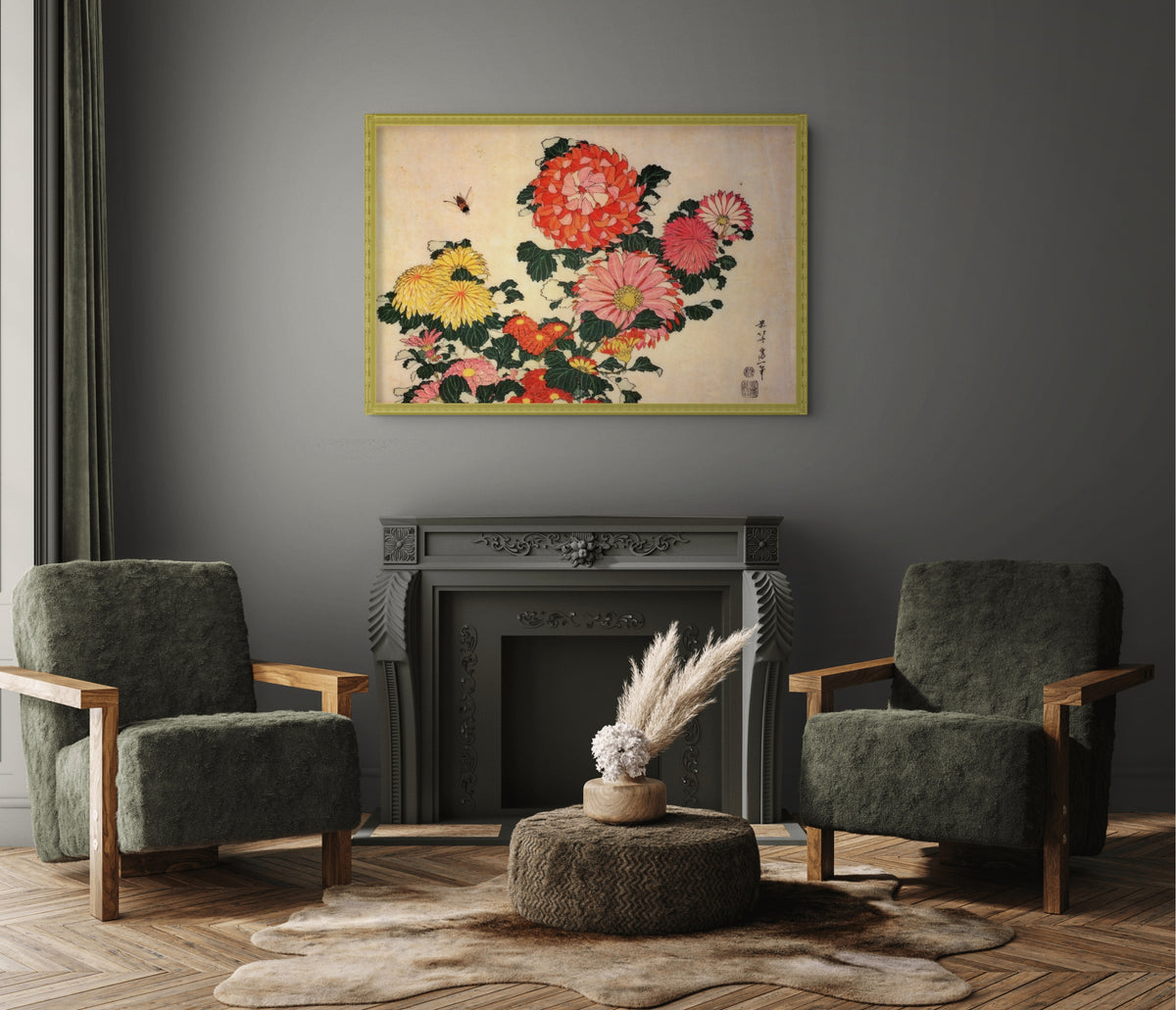 Chrysanthèmes et abeille - Katsushika Hokusai - Toile premium 430g (qualité galerie)