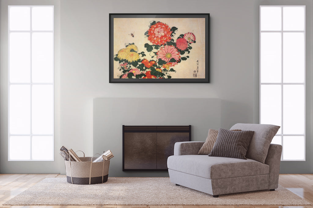 Chrysanthèmes et abeille - Katsushika Hokusai - Toile premium 430g (qualité galerie)