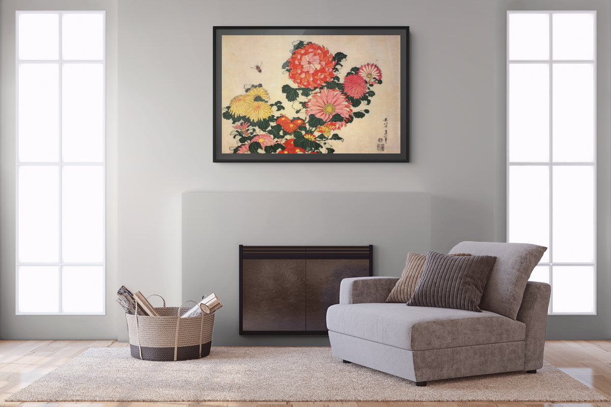 Chrysanthèmes et abeille - Katsushika Hokusai - Toile premium 430g (qualité galerie)