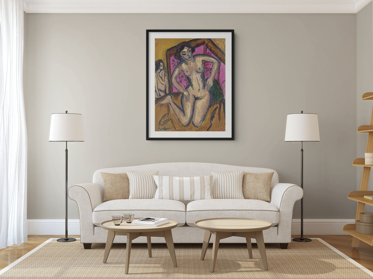 Desnudo de rodillas ante un biombo rojo - Ernst Ludwig Kirchner - Lienzo premium 430g (calidad de galeria)