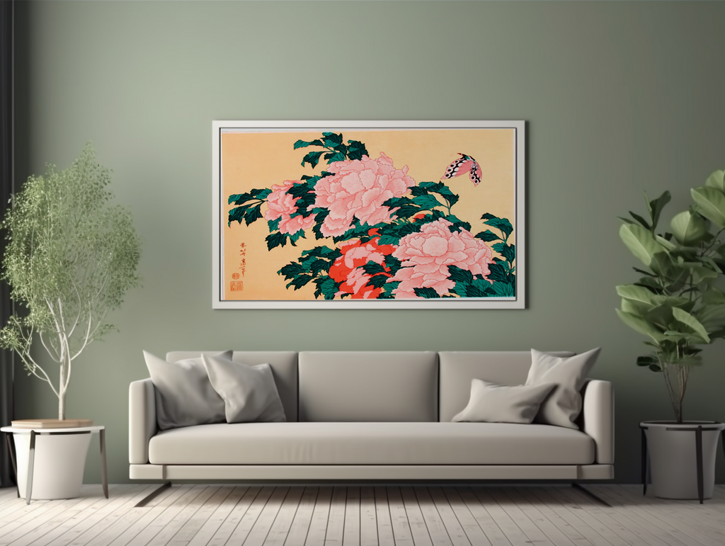 Pivoines et papillon - Katsushika Hokusai - Toile premium 430g (qualité galerie)