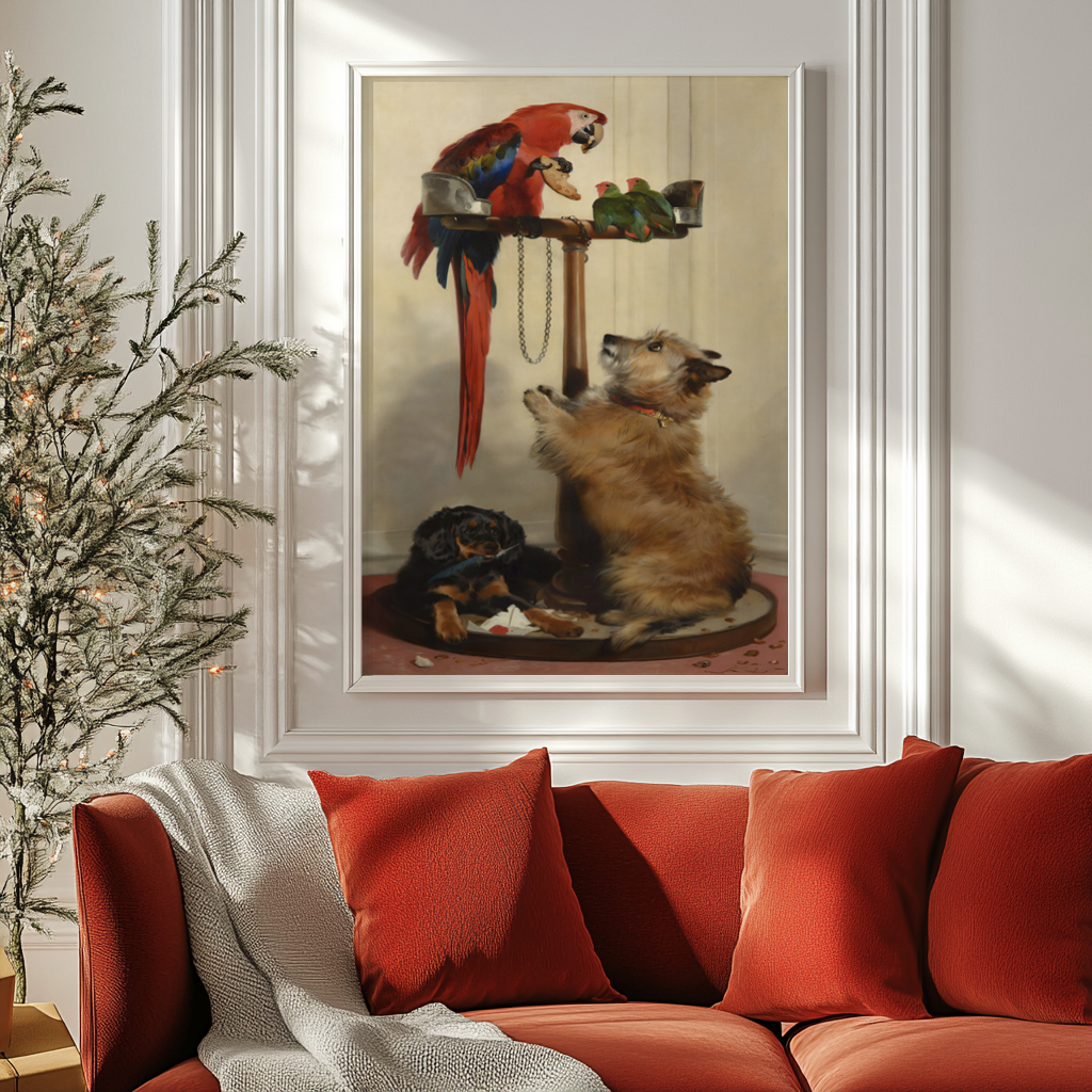 Islay, Tilco, a Macaw and Two Lovebirds - Sir Edwin Landseer - Premium canvas 430g (gallery quality)