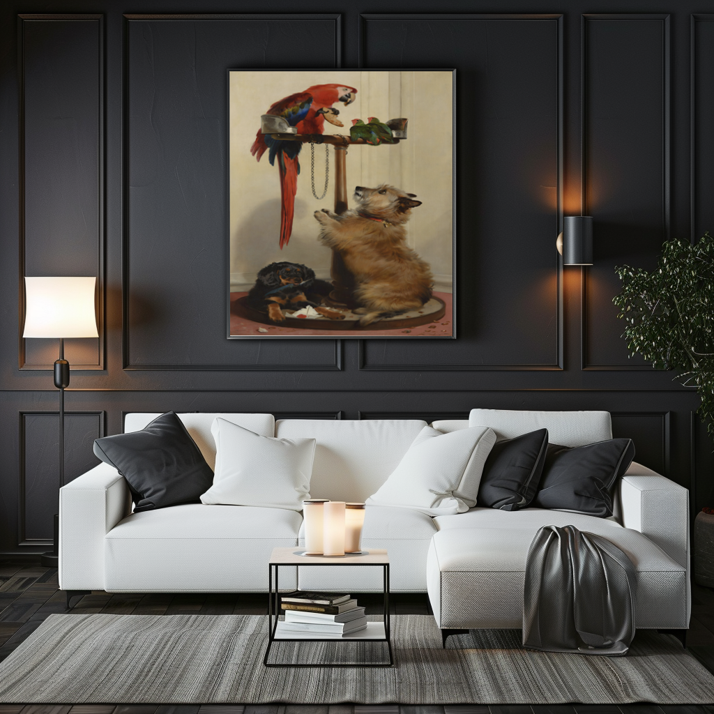 Islay, Tilco, un ara et deux inséparables - Sir Edwin Landseer - Toile premium 430g (qualité galerie)