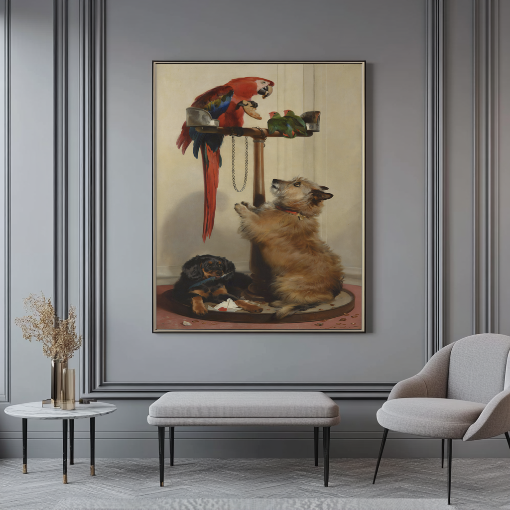 Islay, Tilco, a Macaw and Two Lovebirds - Sir Edwin Landseer - Premium canvas 430g (gallery quality)