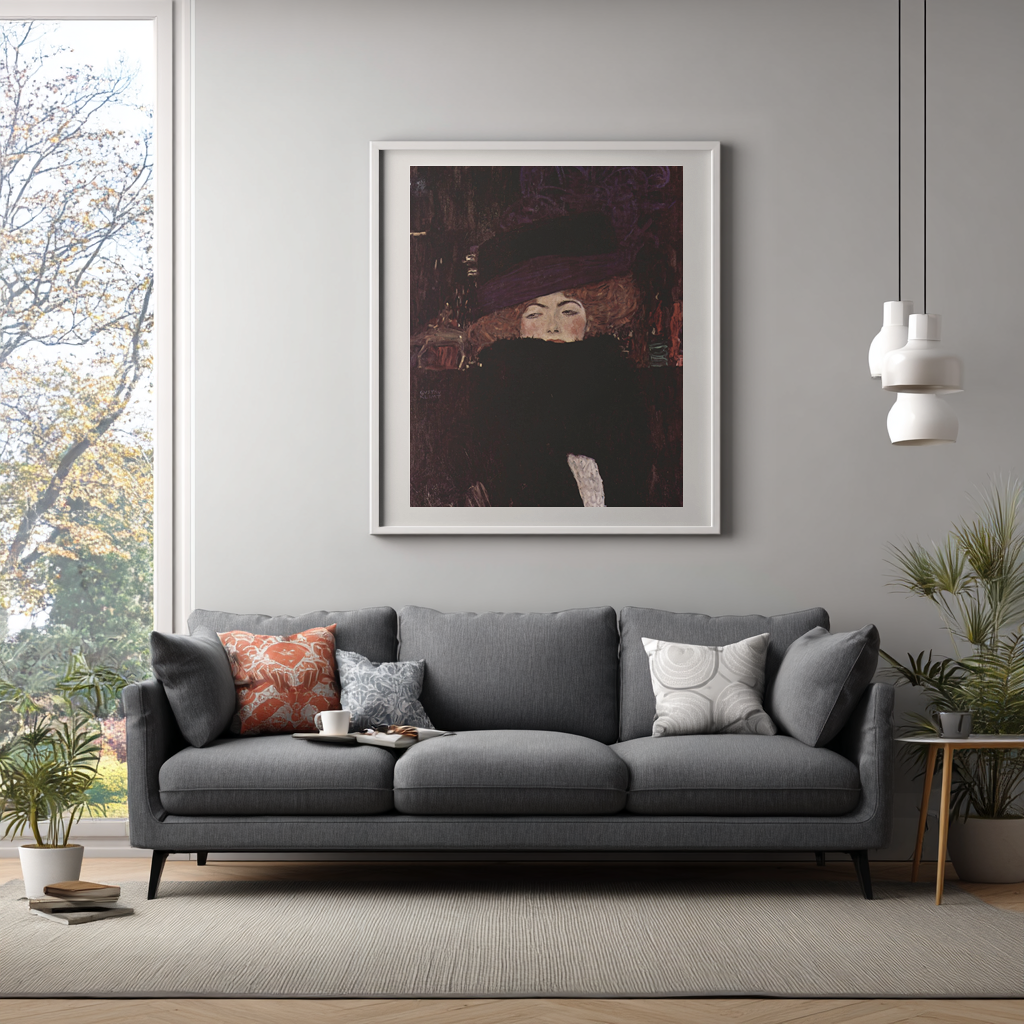 Dame au chapeau et boa de fourrure - Gustav Klimt - Toile premium 430g (qualité galerie)