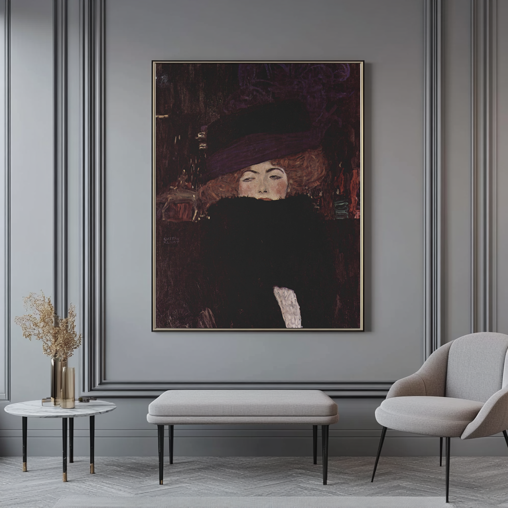 Dame au chapeau et boa de fourrure - Gustav Klimt - Toile premium 430g (qualité galerie)