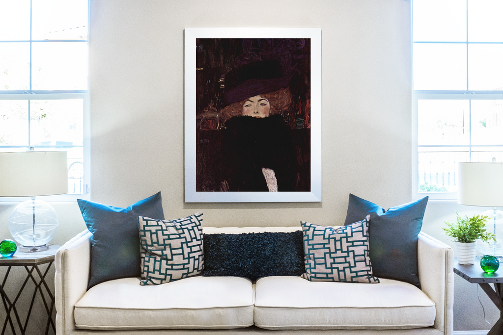 Dame au chapeau et boa de fourrure - Gustav Klimt - Toile premium 430g (qualité galerie)