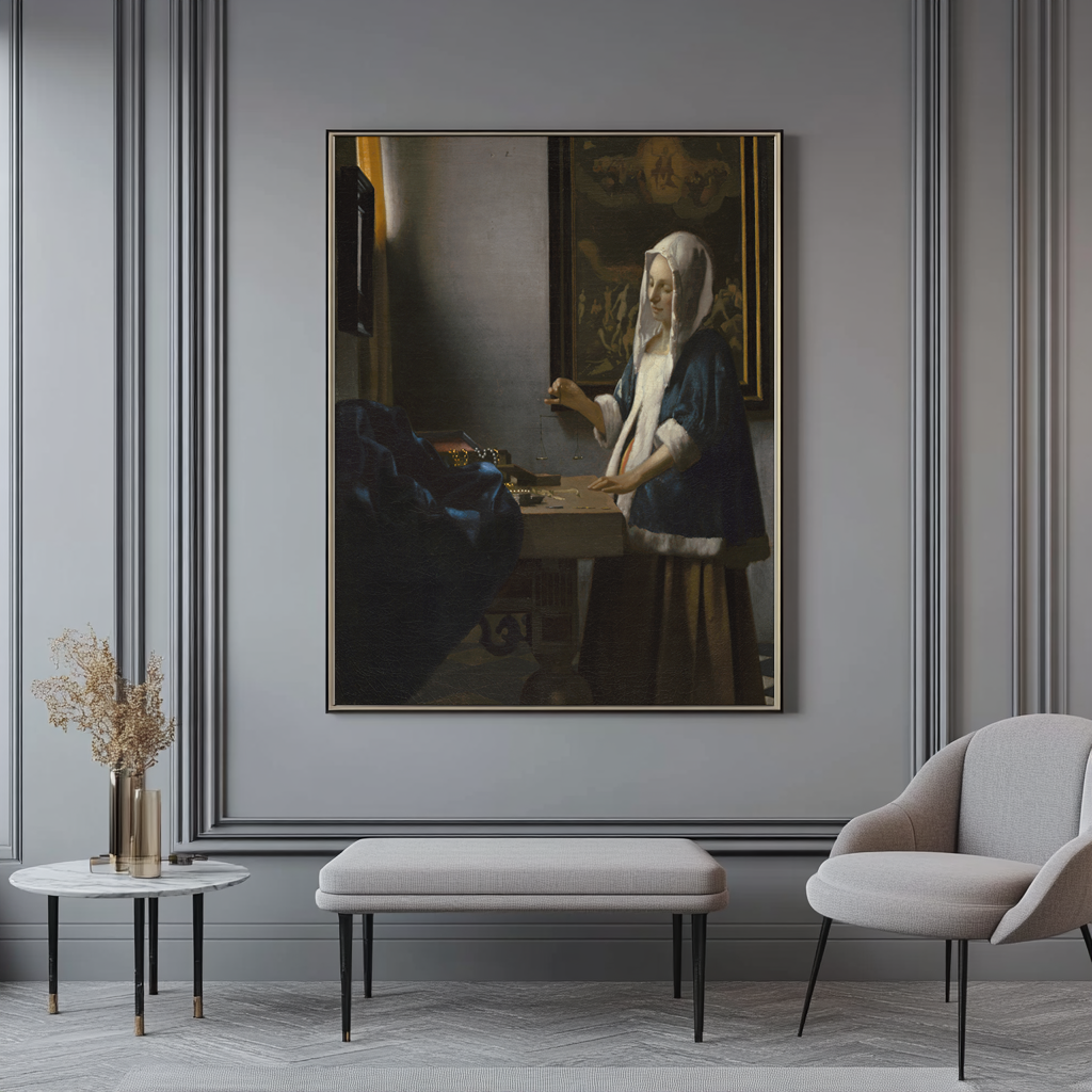 Femme tenant une balance - Johannes Vermeer - Toile premium 430g (qualité musée)