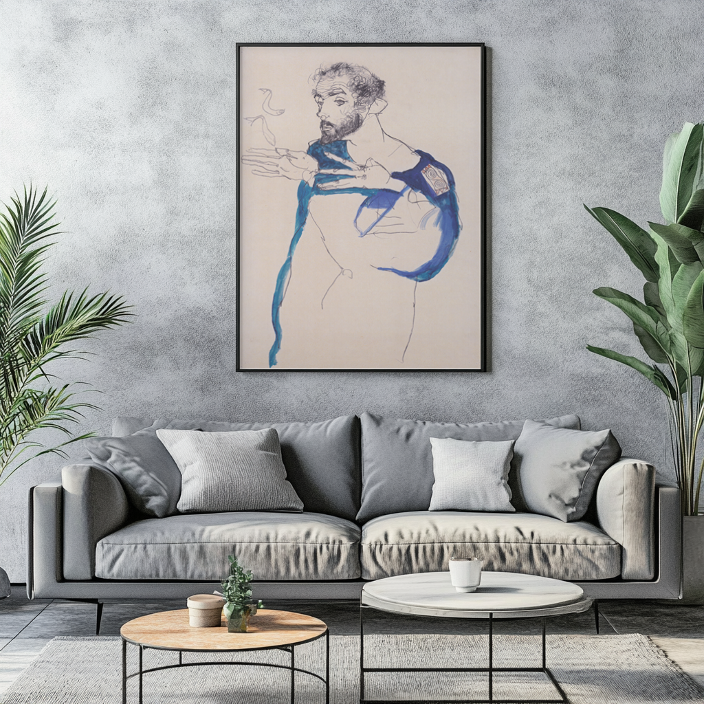 Gustav Klimt en blouse de peintre bleue -Egon Schiele - Toile premium 430g (qualité galerie)