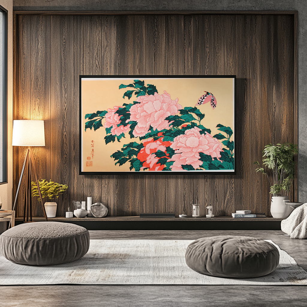 Pivoines et papillon - Katsushika Hokusai - Toile premium 430g (qualité galerie)