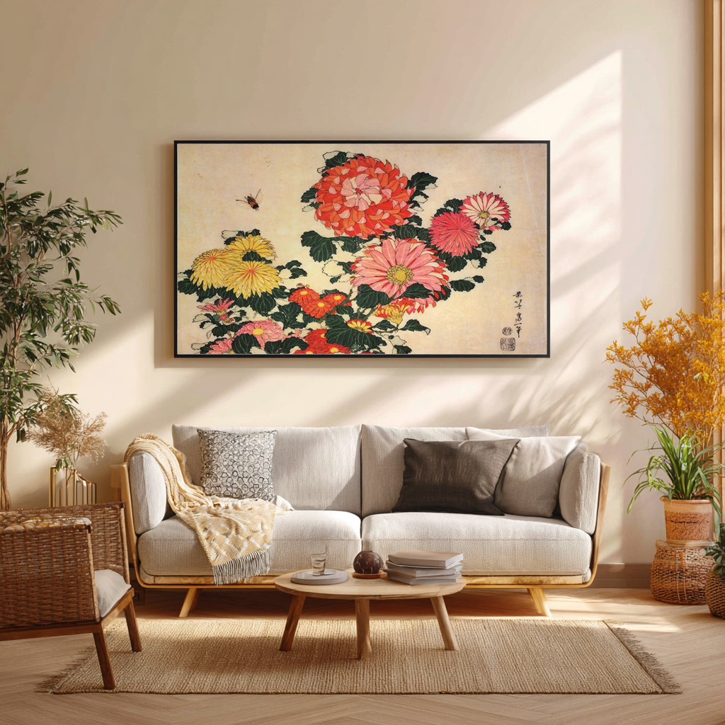 Chrysanthemums and Bee - Katsushika Hokusai - Premium canvas 430g (gallery quality)