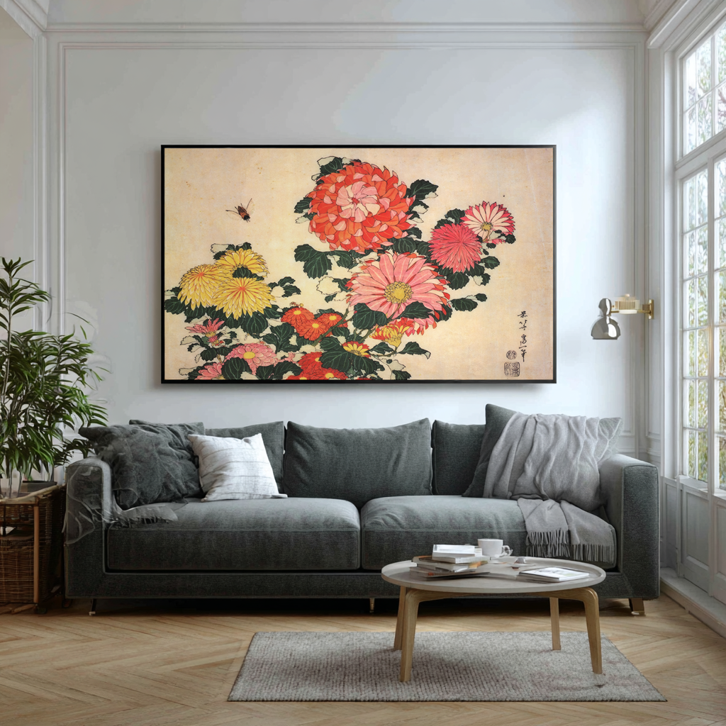 Chrysanthemums and Bee - Katsushika Hokusai - Premium canvas 430g (gallery quality)