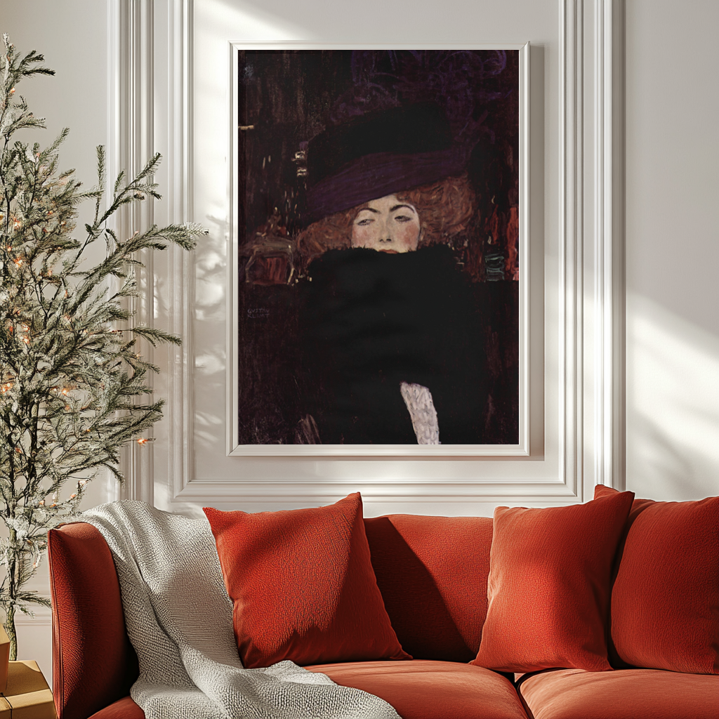 Dame au chapeau et boa de fourrure - Gustav Klimt - Toile premium 430g (qualité galerie)