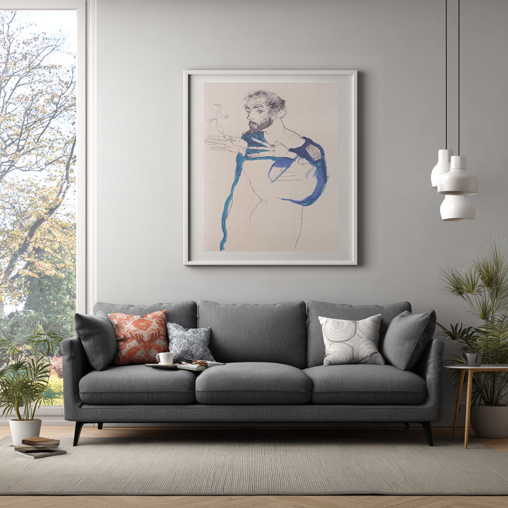 Gustav Klimt con bata de pintor azul -Egon Schiele  - Lienzo premium 430g (calidad de galeria)