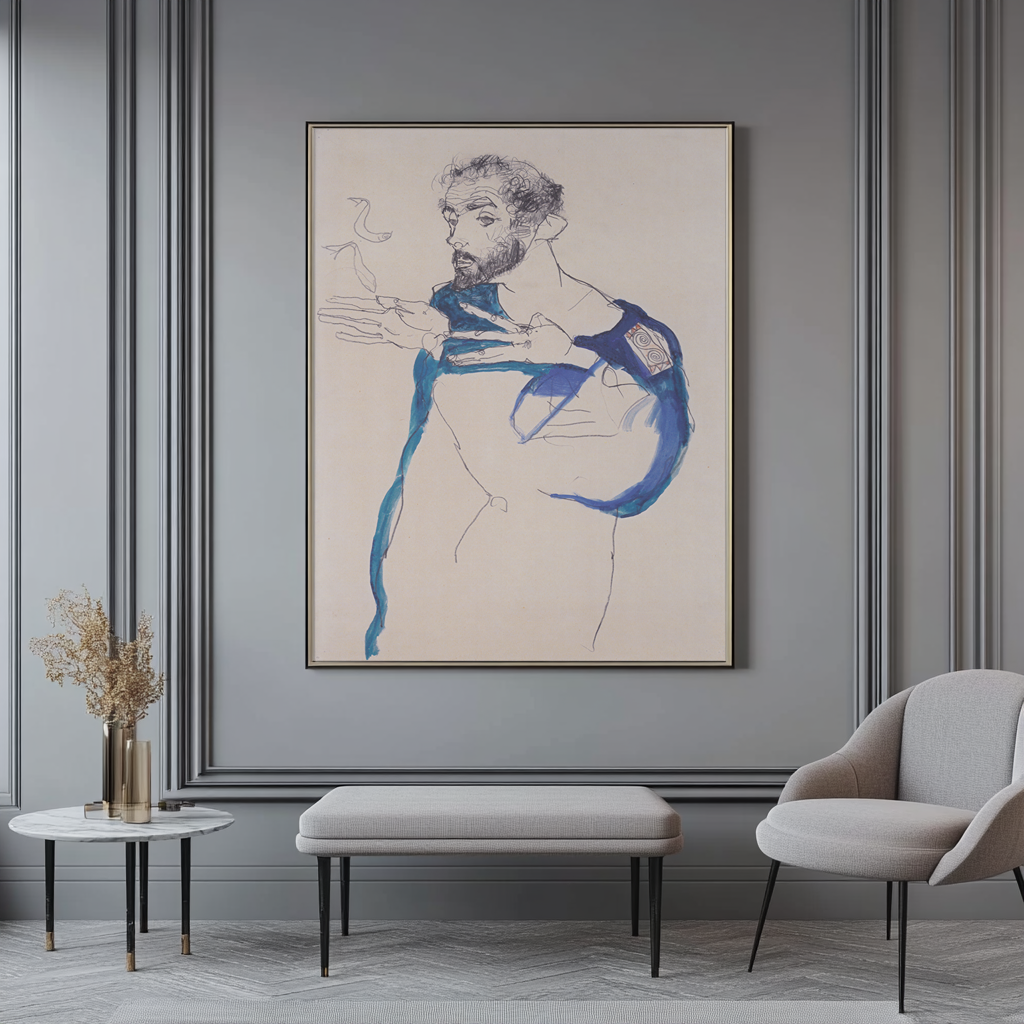 Gustav Klimt con bata de pintor azul -Egon Schiele  - Lienzo premium 430g (calidad de galeria)