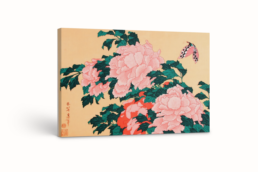 Pivoines et papillon - Katsushika Hokusai - Toile premium 430g (qualité galerie)