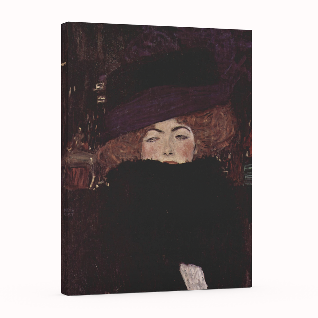 Dame au chapeau et boa de fourrure - Gustav Klimt - Toile premium 430g (qualité galerie)