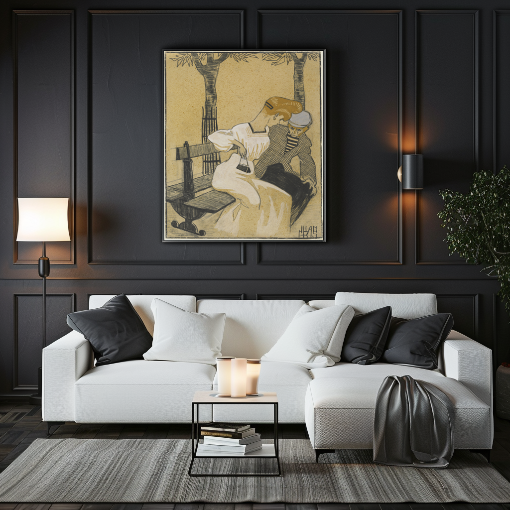Hombre y mujer en un banco - Juan gris - Lienzo premium 430g (calidad de galeria)
