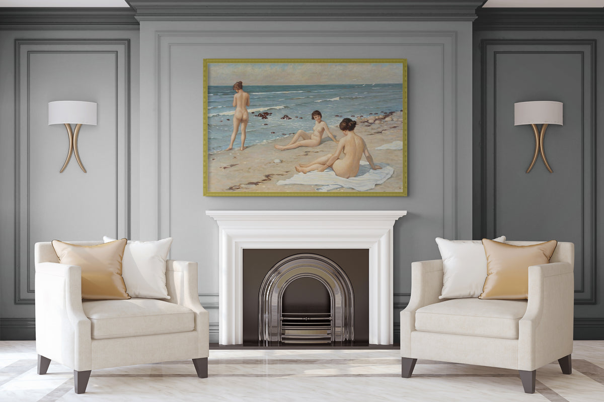 Escena de playa con mujeres bañándose - Paul Gustave Fischer - Lienzo premium 430g (calidad de galeria)